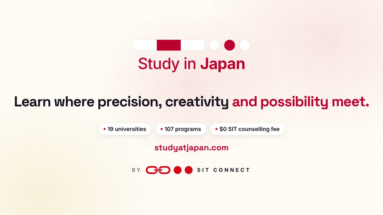 Promotional video about studying in Japan: a student pass stamped admitted, six application steps completed one by one, and student cities in Japan.